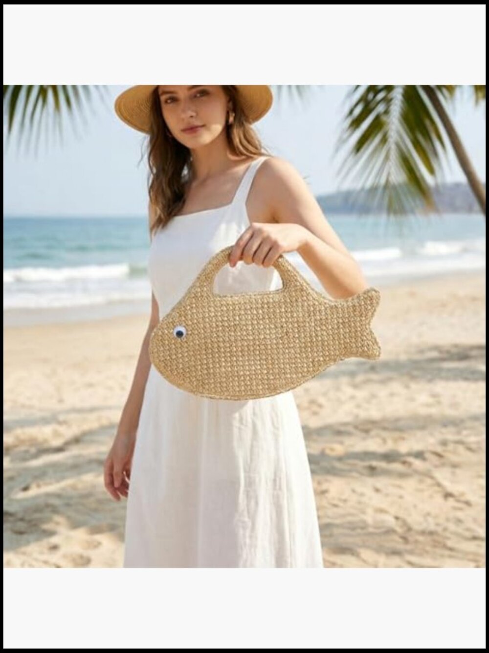 Straw Clutch Purse Woven Raffia Beach Bag Fish Shape Top Handle Unique Handbag - Picture 2 of 5
